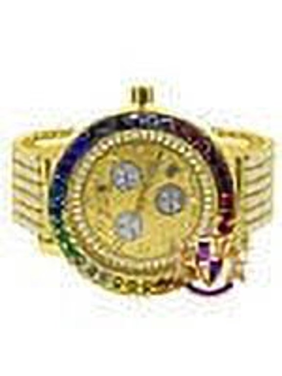 Real Diamond Dial Men's Exclusive Custom Time Piece Multi Rainbow Gold Tone Solitaire Roman Watch XL 55mm W/Date