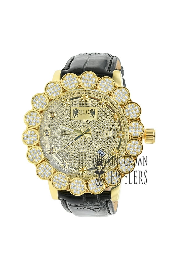 Real Diamond Dial Watch Micro Pave Flower Cluster Bezel 18K Yellow Gold Tone Analog Leather Band W/Date