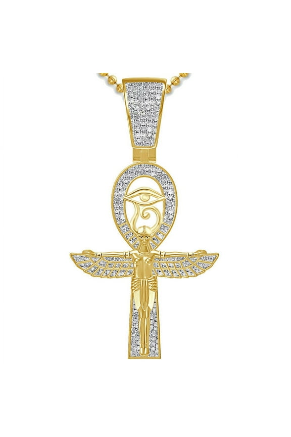 Real Diamond Egyptian Ankh Cross Horus Eye Of Ra Sky Goddess Charm Pendent Chain Over Yellow Gold