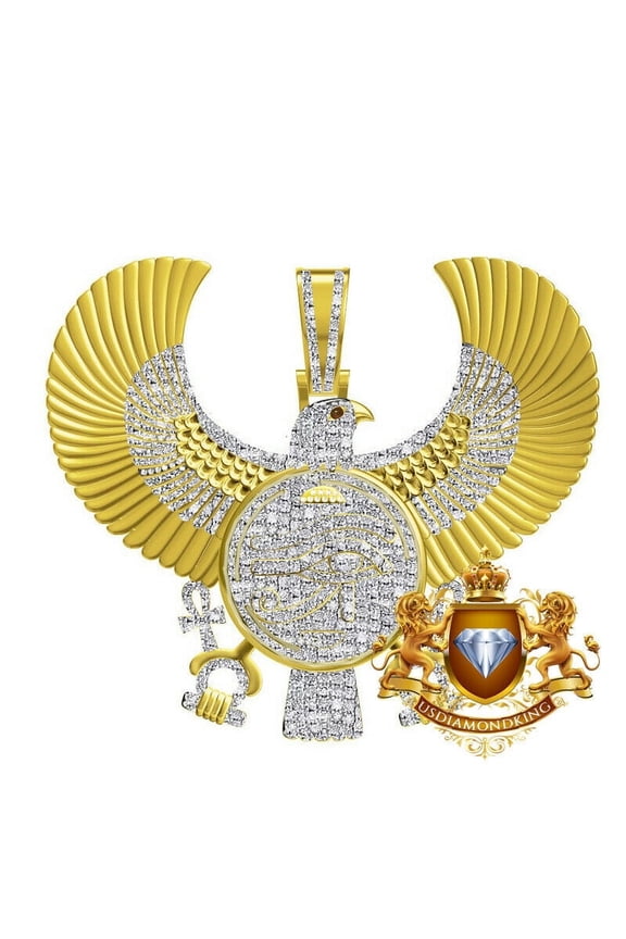 Real Diamond Egyptian Falcon Eagle Horus Evil Eye of Ra Ankh 10K Gold Over Cross Pendent Charm