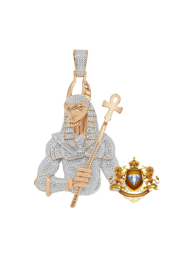 Real Diamond Egyptian God Anubis Ankh Cross Pharaoh Charm 10K Rose Gold Over Pendent
