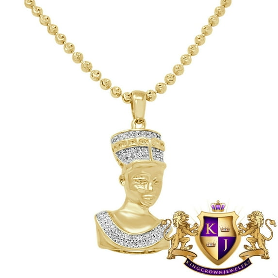 Real Diamond Egyptian Queen Nefertiti Mini Charm Pendent Chain Set 10K Yellow Gold Finish
