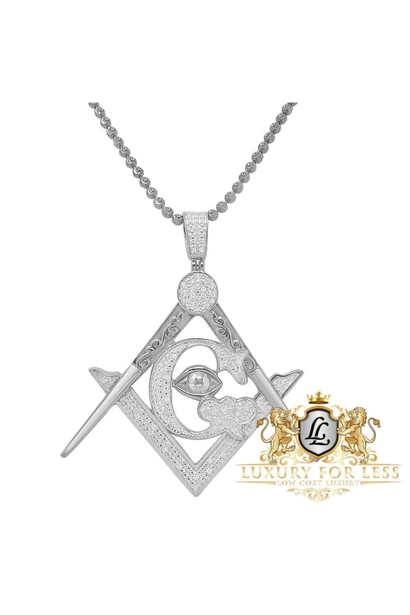 Real Diamond Masonic Freemason G Compass All Seen Evil Eye Charm Pendent + Chain/Over 10K  White Gold Finish