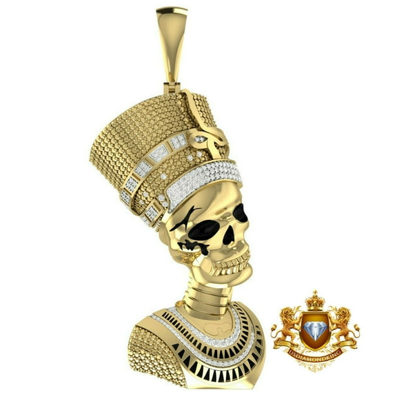Real Diamond Over 14k Gold Egyptian Skull Queen Nefertiti Pharaoh Pendant Cleopatra Charm 3''