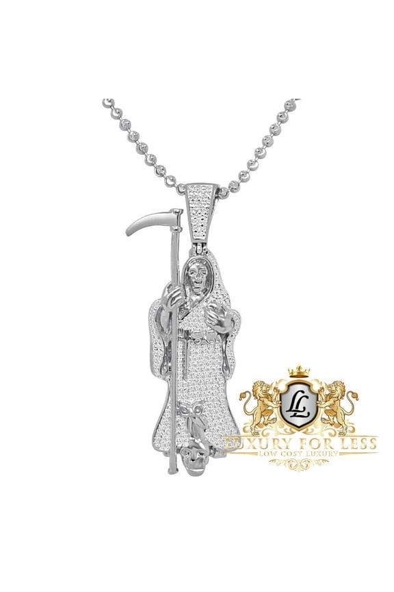 Real Diamond Santa Muerte Grim Reaper Angel of Death 10K  White Gold Over Pendant Charm