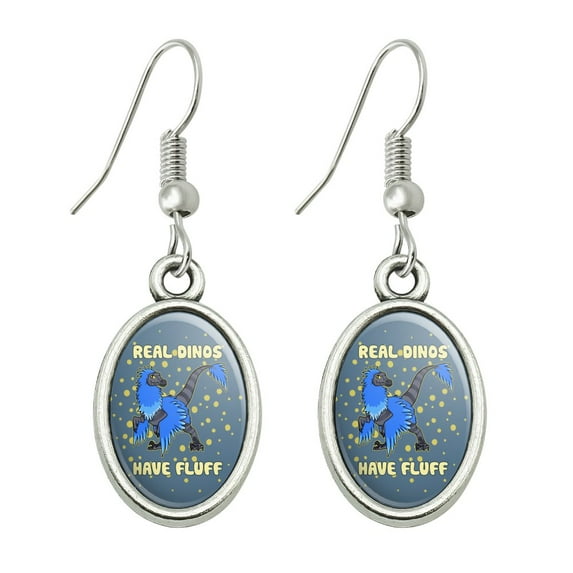 Real Dinos Have Fluff Raptor Dinosaur Novelty Dangling Drop Oval Charm Earrings