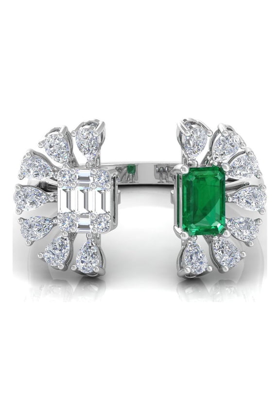 Real Emerald Solid 18 Kt White Gold SI Clarity HI Color Diamond Proposal Cuff Ring