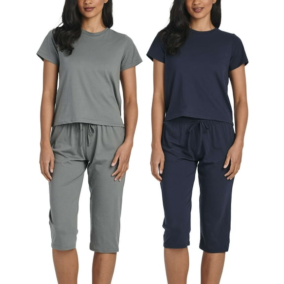 Real Essentials 2 Pack: Women's Cotton Pajamas Short Sleeve Tops and Capri Pants Pajama Sets with Pockets (Available In Plus)