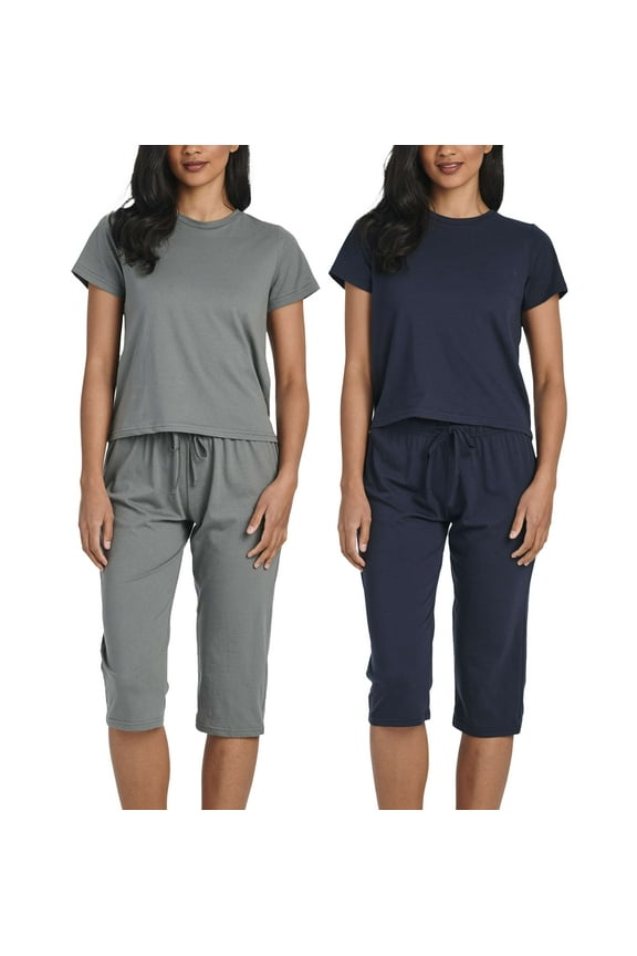 2 Pack: Women's Cotton Pajamas Short Sleeve Tops and Capri Pants Pajama Sets with Pockets (Available In Plus)
