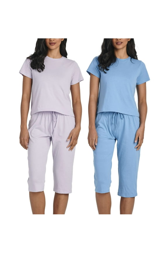 2 Pack: Women's Cotton Pajamas Short Sleeve Tops and Capri Pants Pajama Sets with Pockets (Available In Plus)