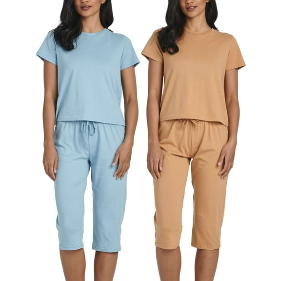 Real Essentials 2 Pack: Women's Cotton Pajamas Short Sleeve Tops and Capri Pants Pajama Sets with Pockets (Available In Plus)