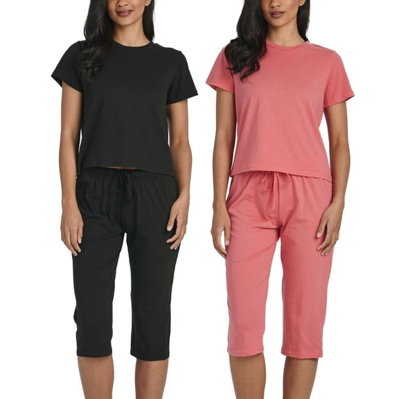 Real Essentials 2 Pack: Women's Cotton Pajamas Short Sleeve Tops and Capri Pants Pajama Sets with Pockets (Available In Plus)