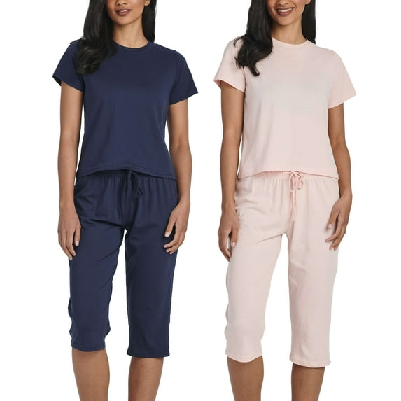 Real Essentials 2 Pack: Women's Cotton Pajamas Short Sleeve Tops and Capri Pants Pajama Sets with Pockets (Available In Plus)