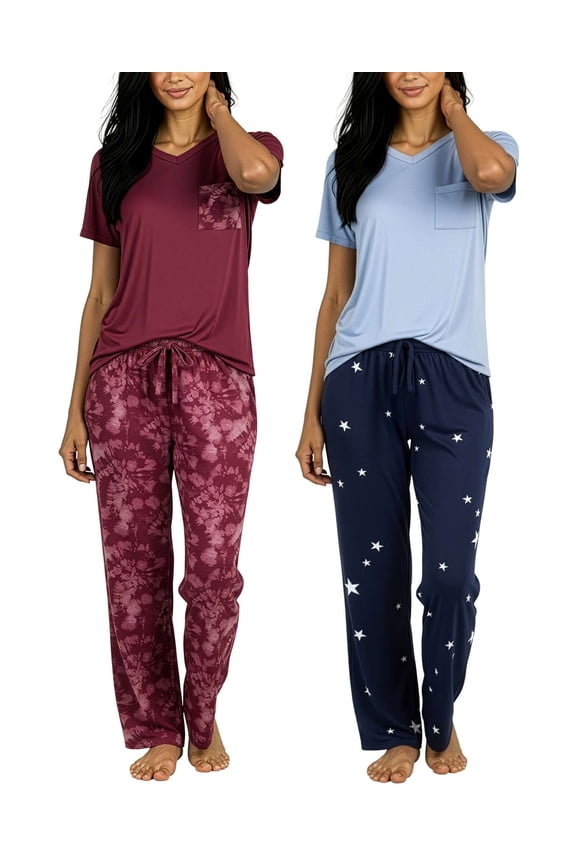 2 Pack: Women's Comfy Pajama Sets - Short Sleeve Ladies Loungewear Sleepwear PJs (Available In Plus)