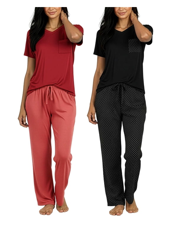 2 Pack: Women's Comfy Pajama Sets - Short Sleeve Ladies Loungewear Sleepwear PJs (Available In Plus)