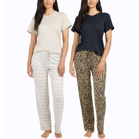 Real Essentials 2 Pack: Women's Pajama Set - Choose from Short Sleeve with Pocket or Long Sleeve without Pocket