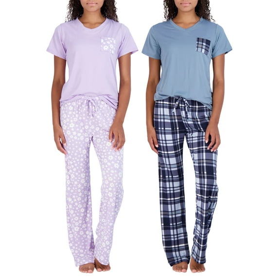 Real Essentials 2 Pack: Women’s Pajama Set Super-Soft Short & Long Sleeve Top With Pants (Available In Plus Size)