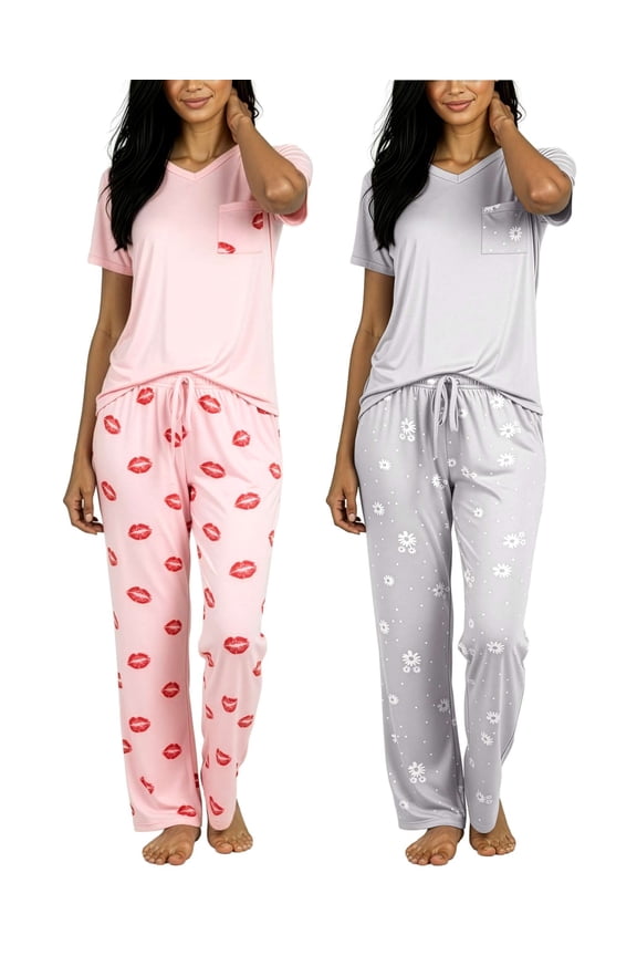 2 Pack: Women's Comfy Pajama Sets - Short Sleeve Ladies Loungewear Sleepwear PJs (Available In Plus)