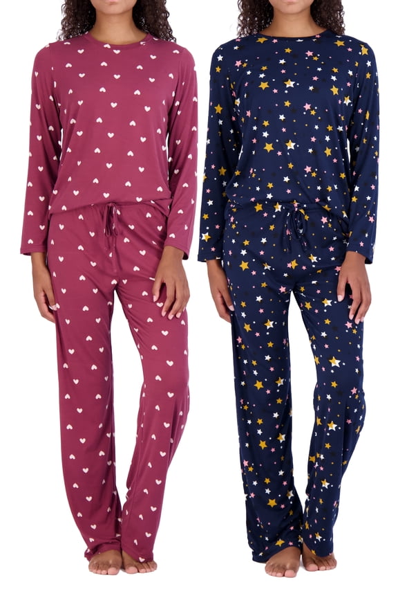2 Pack: Women's Long Sleeve Pajama Sets - Soft Comfy 2 Piece PJ Set Matching Ladies Sleepwear (Plus Size)