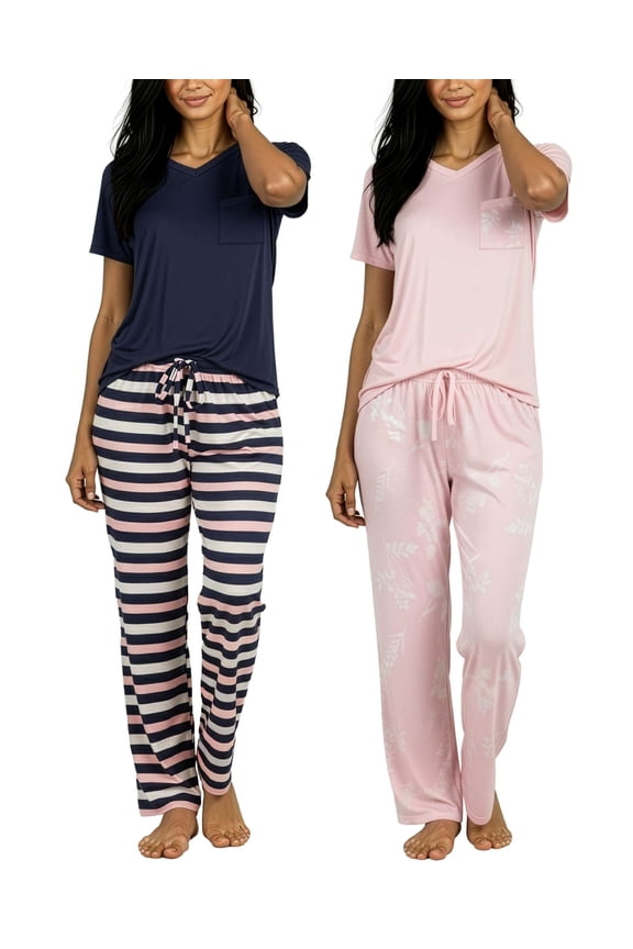 2 Pack: Women's Comfy Pajama Sets - Short Sleeve Ladies Loungewear Sleepwear PJs (Available In Plus)