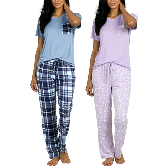 Real Essentials 2 Pack: Women's Comfy Pajama Sets - Short Sleeve Ladies Loungewear Sleepwear PJs (Available In Plus)