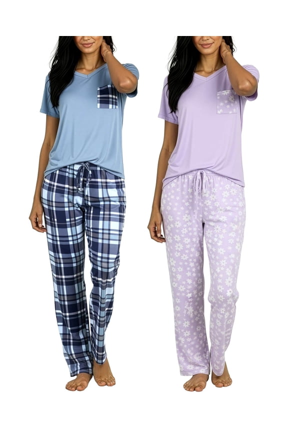2 Pack: Women's Comfy Pajama Sets - Short Sleeve Ladies Loungewear Sleepwear PJs (Available In Plus)