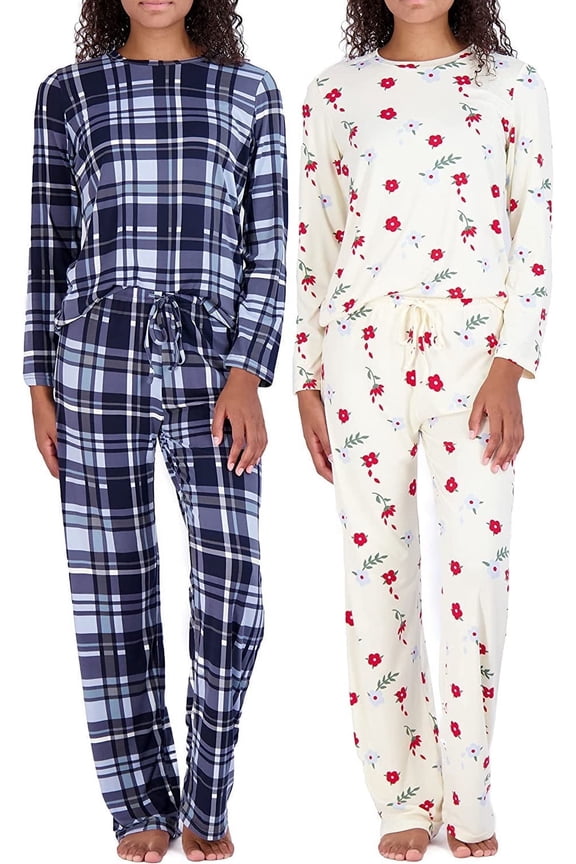 2 Pack: Women's Long Sleeve Pajama Sets - Soft Comfy 2 Piece PJ Set Matching Ladies Sleepwear (Plus Size)