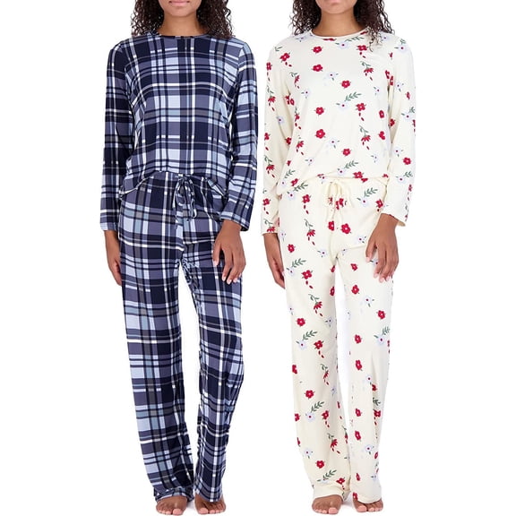 Real Essentials 2 Pack: Women's Long Sleeve Pajama Sets - Soft Comfy 2 Piece PJ Set Matching Ladies Sleepwear (Plus Size)