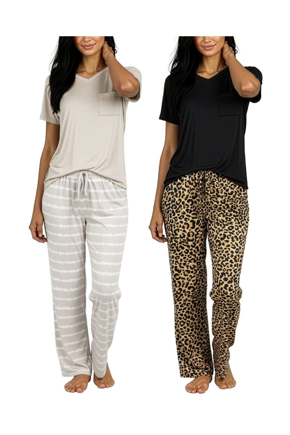 2 Pack: Women's Comfy Pajama Sets - Short Sleeve Ladies Loungewear Sleepwear PJs (Available In Plus)