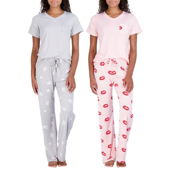Real Essentials 2 Pack: Women’s Pajama Set Super-Soft Short & Long Sleeve Top With Pants (Available In Plus Size)