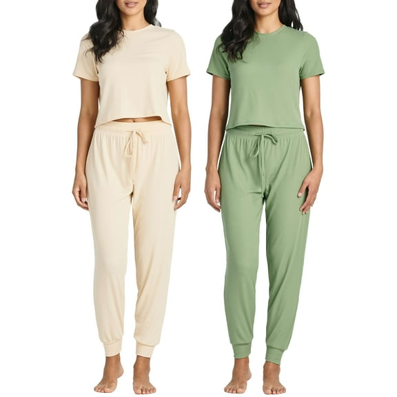 Real Essentials 2 Pack: Women's Ribbed Knit Cropped Short Sleeve Top with Jogger Sweatpants Lounge Set Sleep