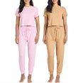 thumbnail image 1 of Real Essentials 2 Pack: Women's Ribbed Knit Cropped Short Sleeve Top with Jogger Sweatpants Lounge Set Sleep, 1 of 6