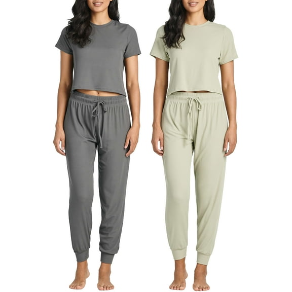 Real Essentials 2 Pack: Women's Ribbed Knit Cropped Short Sleeve Top with Jogger Sweatpants Lounge Set Sleep
