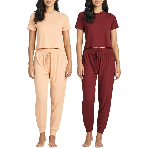 Real Essentials 2 Pack: Women's Ribbed Knit Cropped Short Sleeve Top with Jogger Sweatpants Lounge Set Sleep