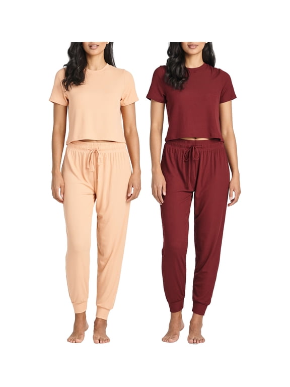 2 Pack: Women's Ribbed Knit Cropped Short Sleeve Top with Jogger Sweatpants Lounge Set Sleep