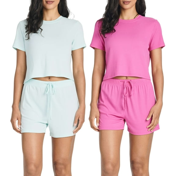 Real Essentials 2 Pack:Women's Soft Ribbed Knit Crop Top & Short Matching Lounge Set - 4 Piece Summer Sweatsuit