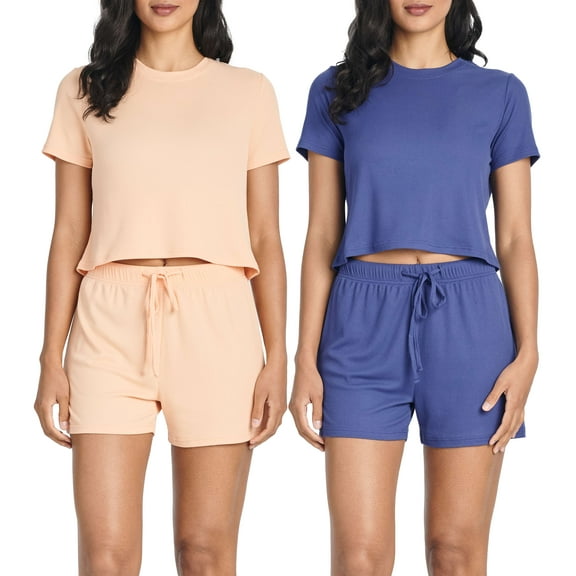 Real Essentials 2 Pack:Women's Soft Ribbed Knit Crop Top & Short Matching Lounge Set - 4 Piece Summer Sweatsuit