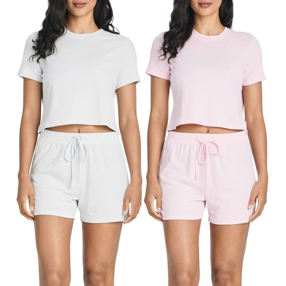 Real Essentials 2 Pack:Women's Soft Ribbed Knit Crop Top & Short Matching Lounge Set - 4 Piece Summer Sweatsuit