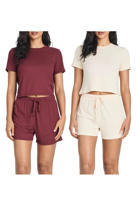 2 Pack:Women's Soft Ribbed Knit Crop Top & Short Matching Lounge Set - 4 Piece Summer Sweatsuit