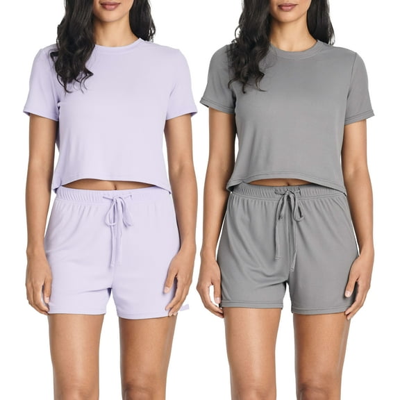 Real Essentials 2 Pack:Women's Soft Ribbed Knit Crop Top & Short Matching Lounge Set - 4 Piece Summer Sweatsuit