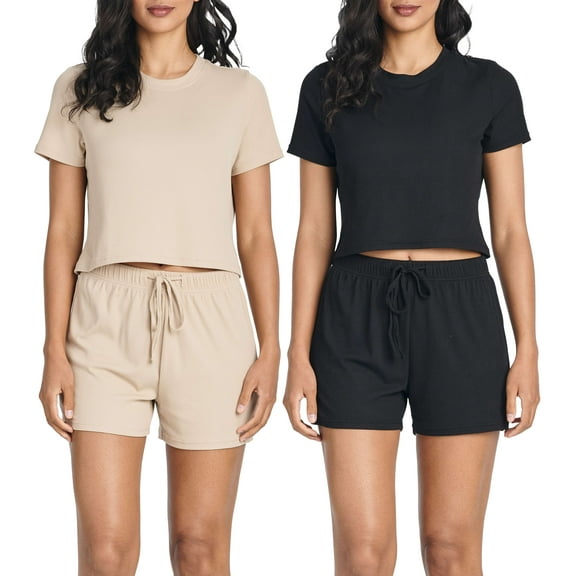 Real Essentials 2 Pack:Women's Soft Ribbed Knit Crop Top & Short Matching Lounge Set - 4 Piece Summer Sweatsuit