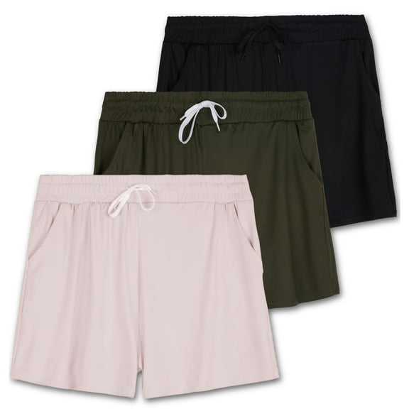 Real Essentials 3 Pack: Womens Ultra-Soft Athletic Lounge Casual Sweat Shorts with Pockets (Available in Plus Size)
