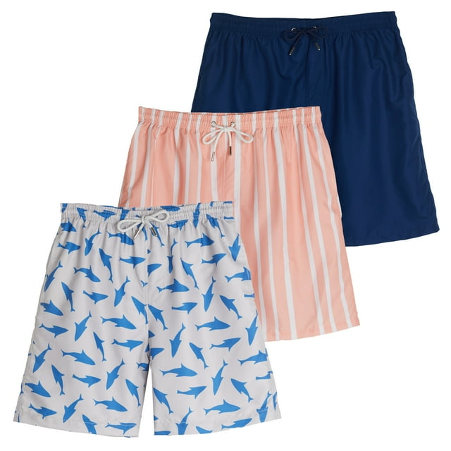 Real Essentials 3-Pack: Boy's Swim Board Shorts Trunks with Drawstring Beach UPF Swimwear Surf Swimming Short for Boys