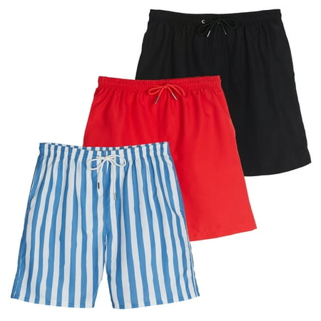 Real Essentials 3-Pack: Boy's Swim Board Shorts Trunks with Drawstring Beach UPF Swimwear Surf Swimming Short for Boys