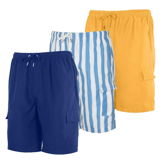 Real Essentials 3 Pack: Boy's Swim Trunks with Cargo Pockets & Mesh Lining - UPF 50 