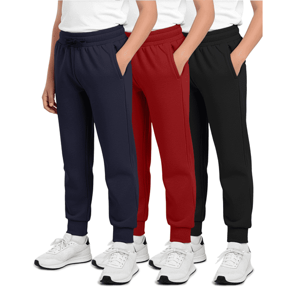 Real Essentials 3 Pack: Boys' Cotton Fleece Jogger Sweatpants - Active Athletic Youth Pants for Teens with Pockets