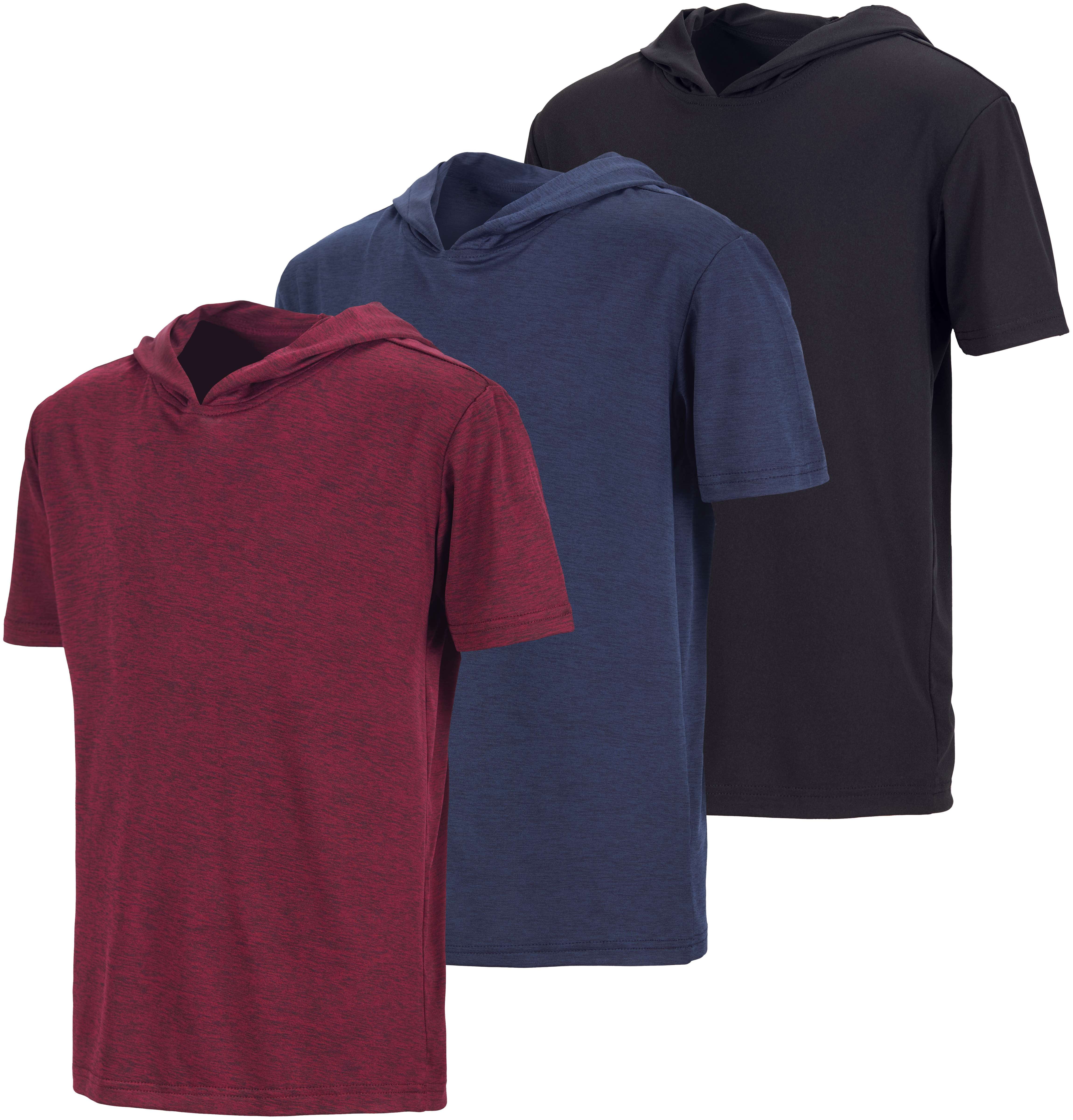Real Essentials 3 Pack: Boys Dry-Fit Youth Teen Active Athletic Short Sleeve Workout Hoodie - Hooded Pullover Shirts