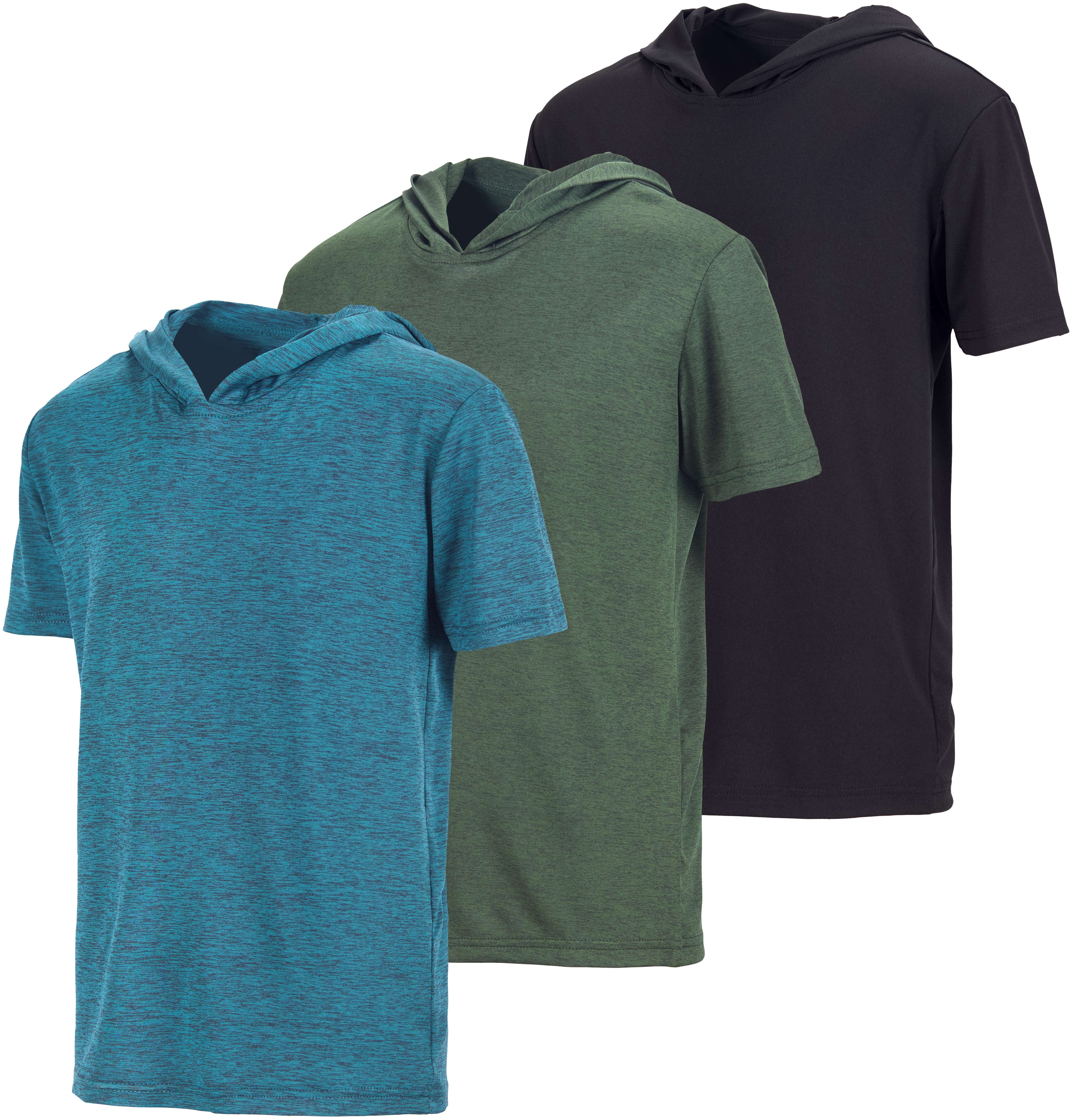 Real Essentials 3 Pack: Boys Dry-Fit Youth Teen Active Athletic Short Sleeve Workout Hoodie - Hooded Pullover Shirts