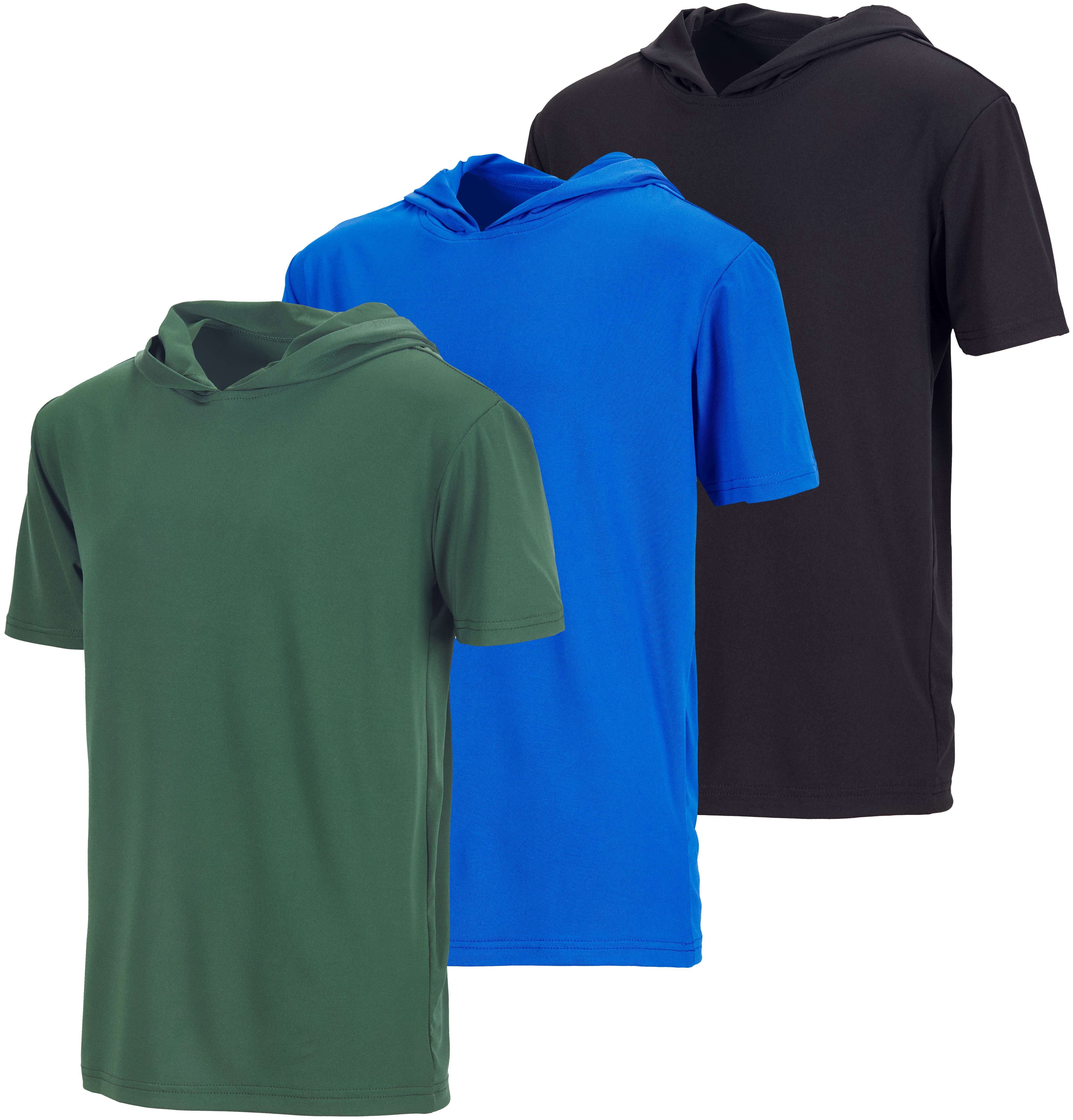 Real Essentials 3 Pack: Boys Dry-Fit Youth Teen Active Athletic Short Sleeve Workout Hoodie - Hooded Pullover Shirts