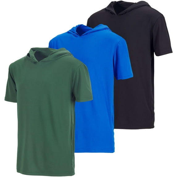 Real Essentials 3 Pack: Boys Dry-Fit Youth Teen Active Athletic Short Sleeve Workout Hoodie - Hooded Pullover Shirts